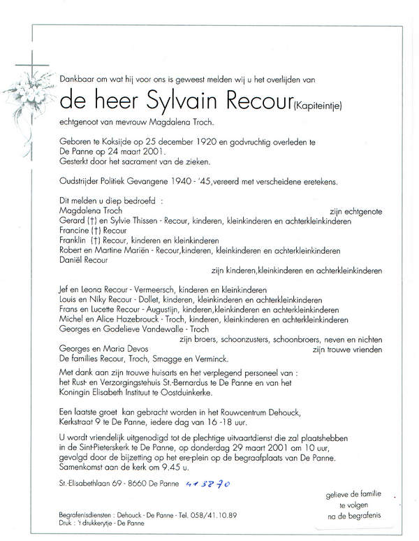 Overlijdensbrief Sylvain Recour